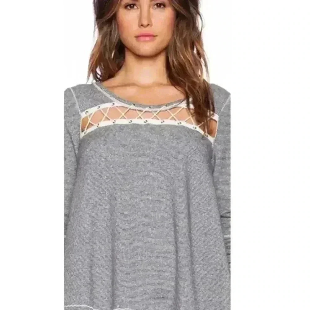 Free People Lacey Love Fleece Long Sleeve Oversize Crisscross Chest‎ Sweatshirt